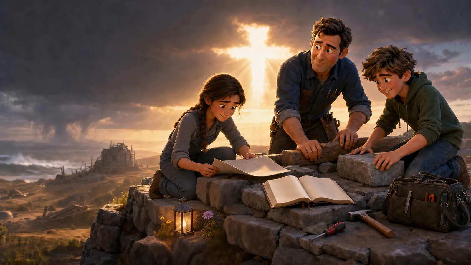 A father and his teenage daughter and son build together on a rock foundation around an open Bible while cross-shaped light breaks through a departing storm; a lantern and two flowers rest nearby.